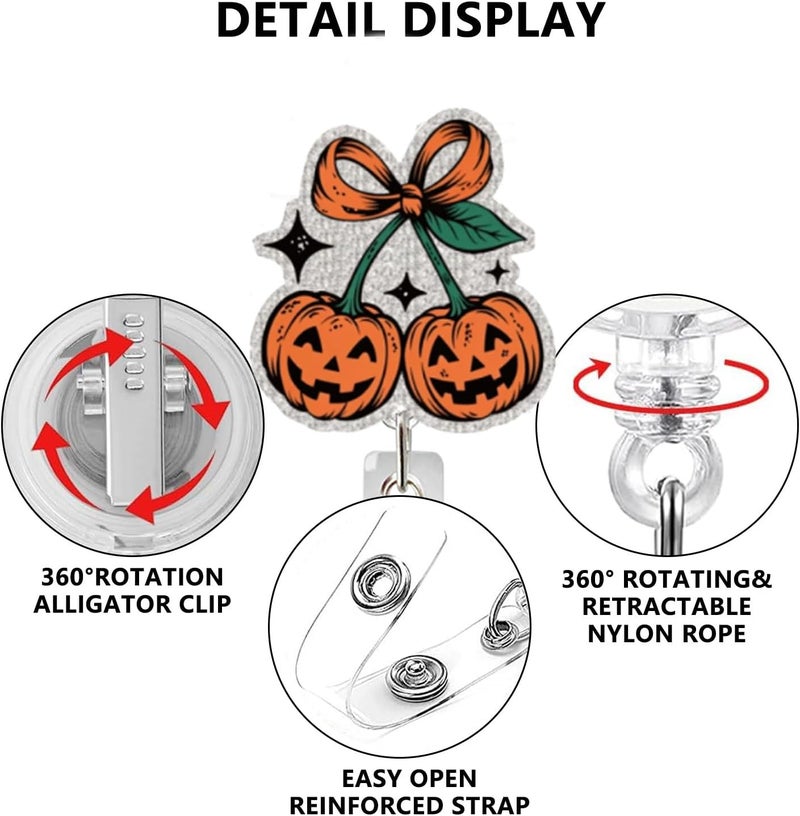 NSSHEL Halloween Cute Pumpkin Badge Reel Holder Retractable for Nurse Nursing Medical Worker & Teacher Pumpkin Bow Badge Reel with Alligator Clip & Durable Nylon Cord Acrylic Name Tag Card Badge Clip - Image 2